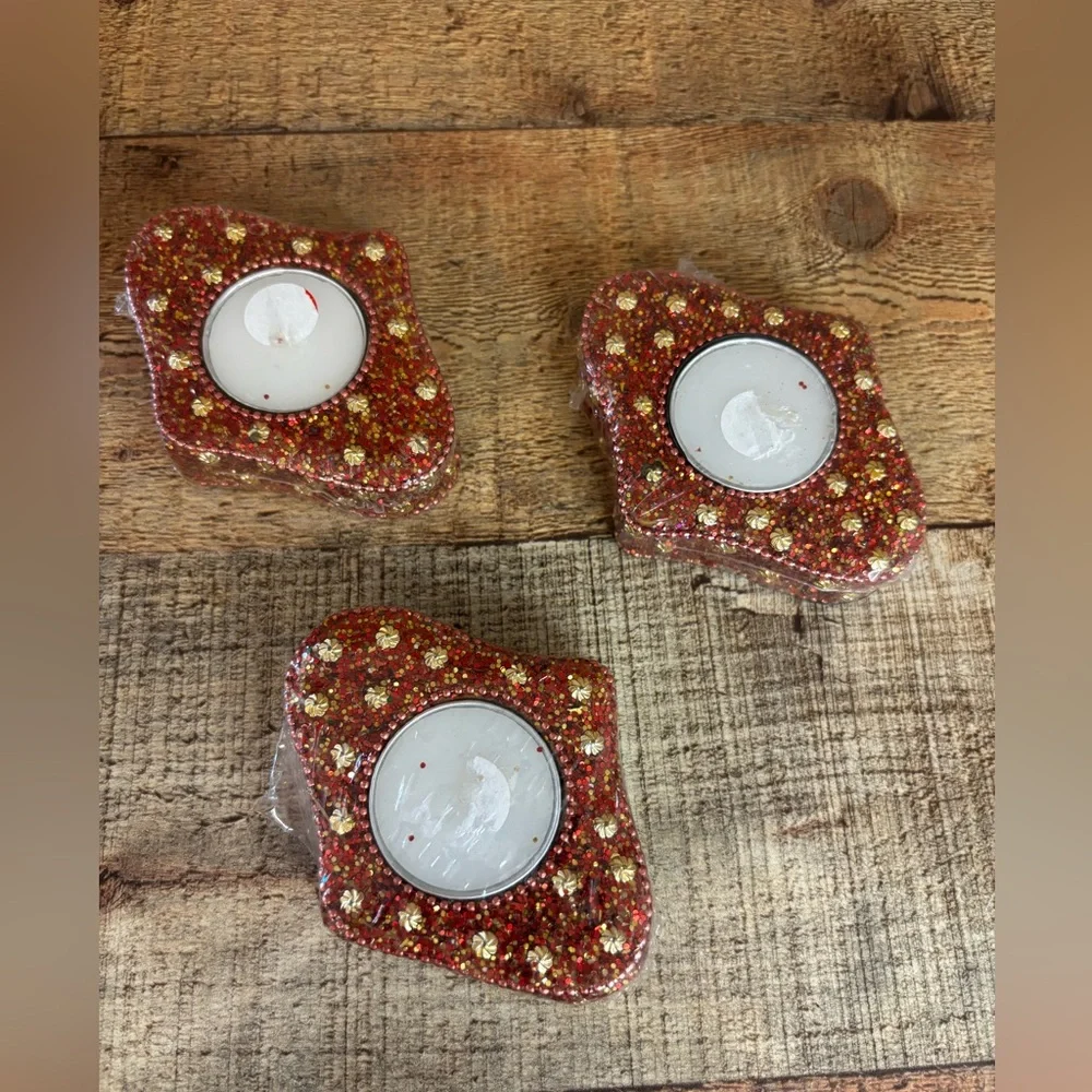 RARE! NEW PIER 1 RED GLITTER BEADS & SEQUINS VOTIVE TEA LIGHT 4